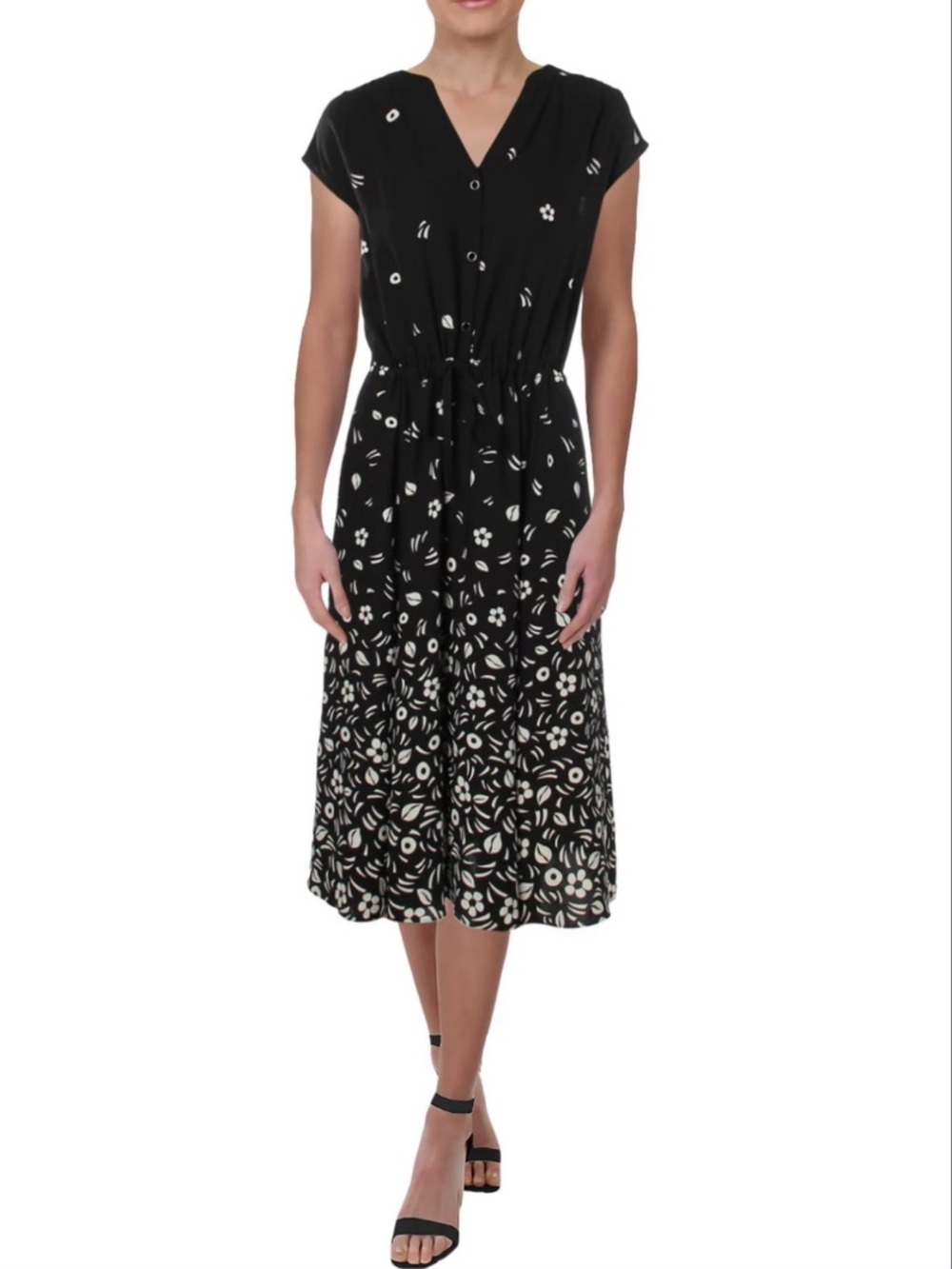 Anne Klein Women’s XS B&W Abstract Floral Print V-Neck Waist Tie Midi Dress NWOT